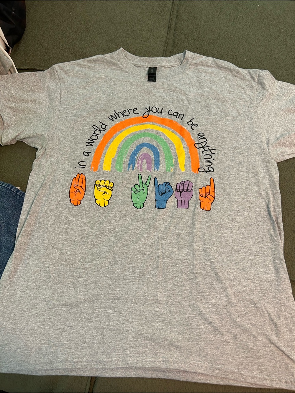 Women’s Gray Rainbow Graphic Tee - "In a World Where You Can Be Anything"